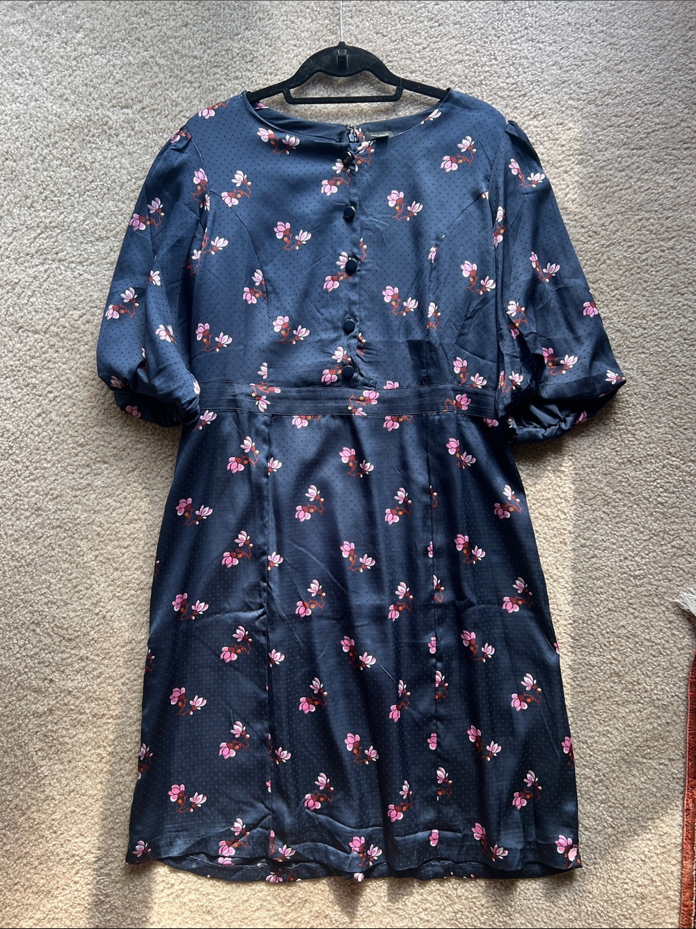 Ann Taylor - Navy Floral Button-Front Dress with Pink Blossoms - Size 12 - NWT